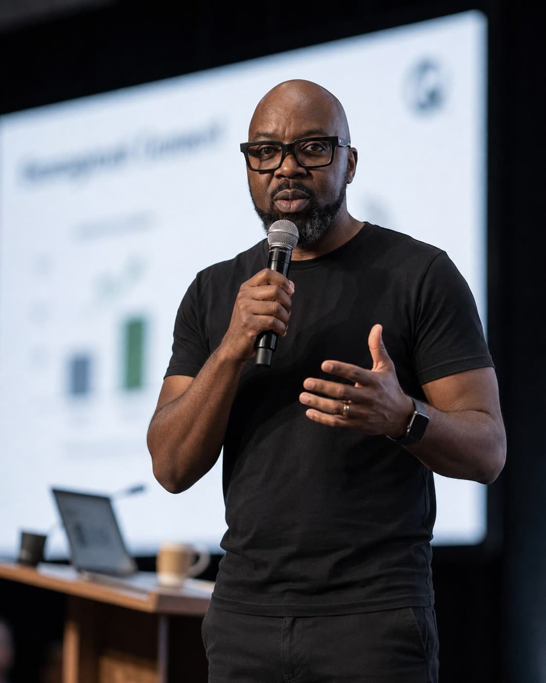 Bolaji Yoloye speaking on stage with a microphone, a presentation slide behind him
